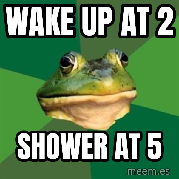 Foul Bachelor Frog meme: Wake up at 2 / Shower at 5
