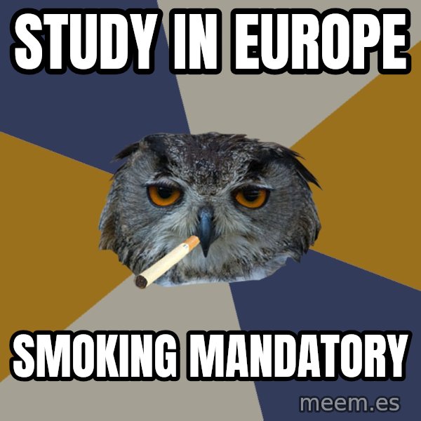 Art Student Owl meme: study in europe / smoking mandatory