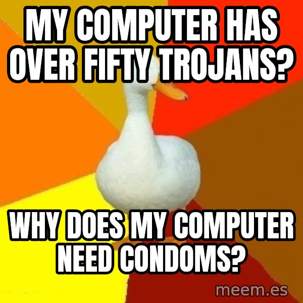 Technologically Impaired Duck meme: my computer has over fifty trojans? / why does my computer need condoms?