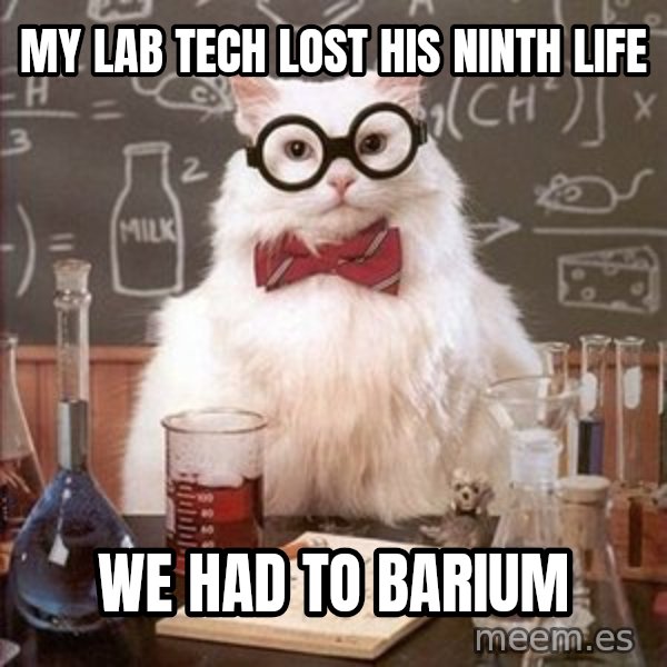 Chemistry Cat meme: My Lab tech lost his ninth life / we had to barium