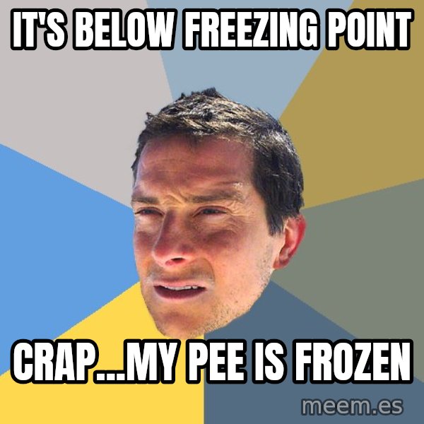 Bear Grylls meme: it's below FREEZING point / crap...my pee is frozen