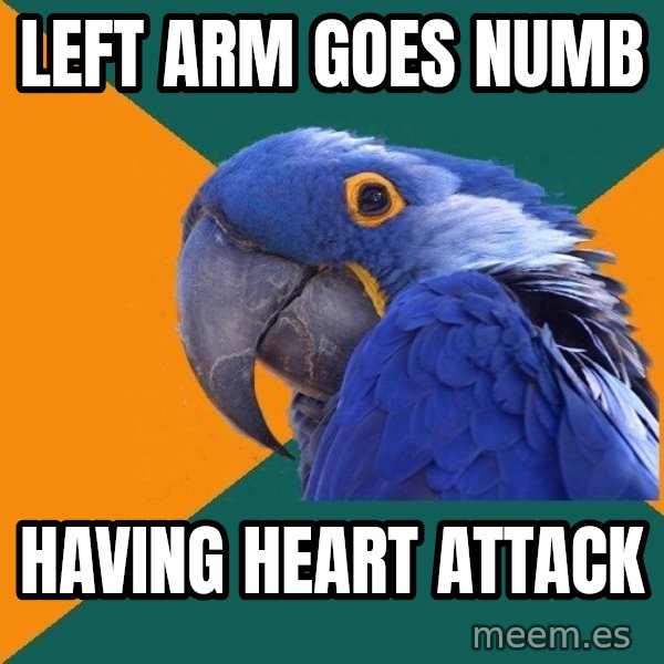 Paranoid Parrot meme: Left arm goes numb / having heart attack