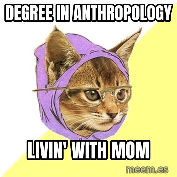 Hipster Kitty meme: Degree in Anthropology / Livin' with mom