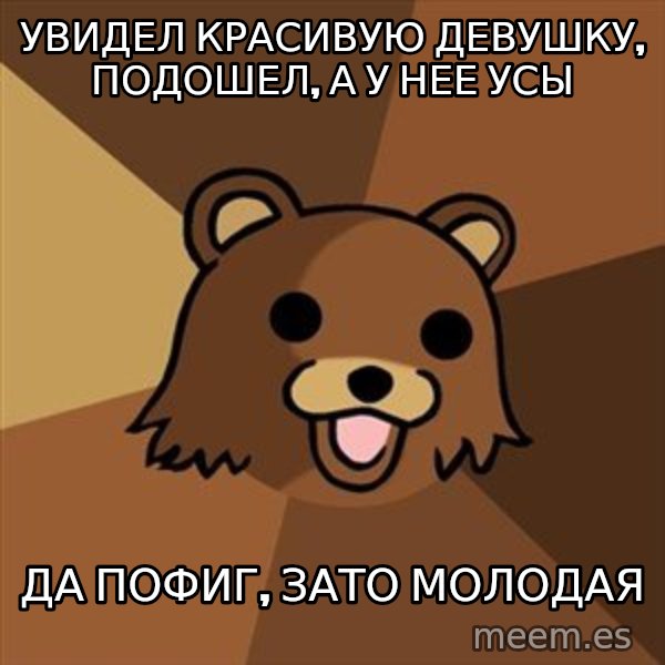 Pedobear meme: увидел красивую девушку, подошел, а у нее усы / да пофиг, зато молодая