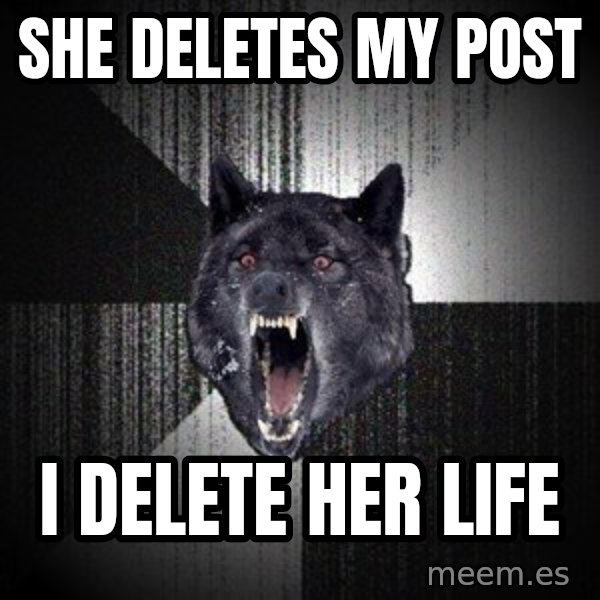 Insanity Wolf meme: she deletes my post / i delete her life