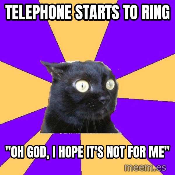 Anxiety Cat meme: Telephone STARTS TO RING / "oh god, I HOPE IT'S NOT FOR ME"