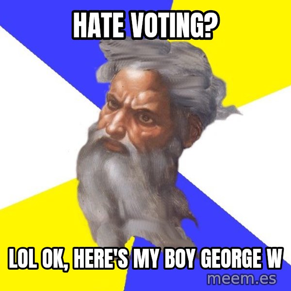 God meme: hate voting? / lol ok, here's my boy george w