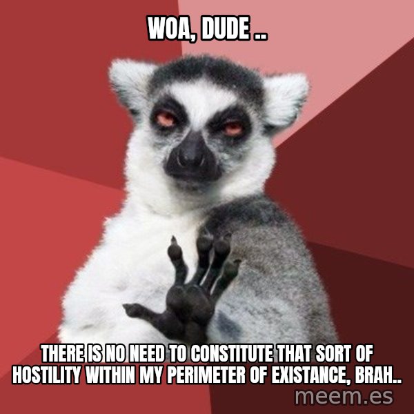 Chill Out Lemur meme: wOA, DUDE .. / THERE IS NO NEED TO CONSTITUTE THAT SORT OF HOSTILITY WITHIN MY PERIMETER OF EXISTANCE, BRAH..