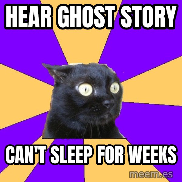 Anxiety Cat meme: Hear ghost Story / Can't sleep for weeks