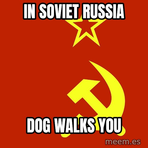 In Soviet Russia meme: In Soviet russia / dog walks you