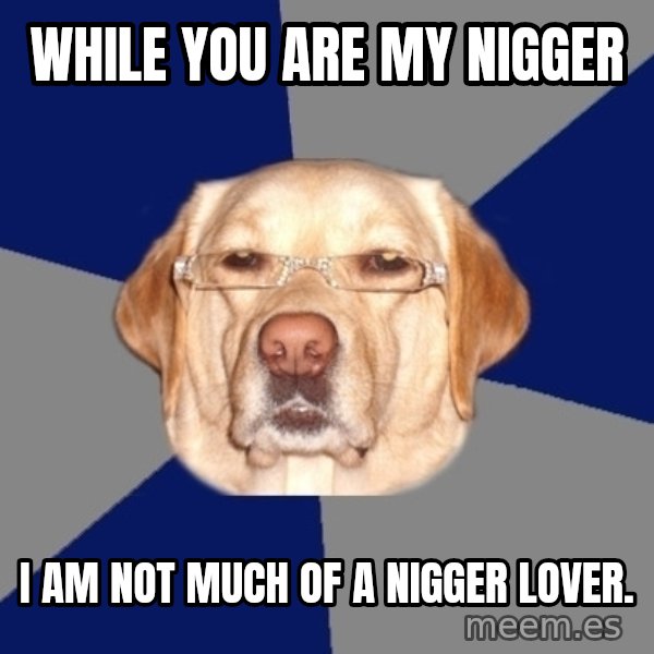 Racist Dawg meme: while you are my nigger / i am not much of a nigger lover.
