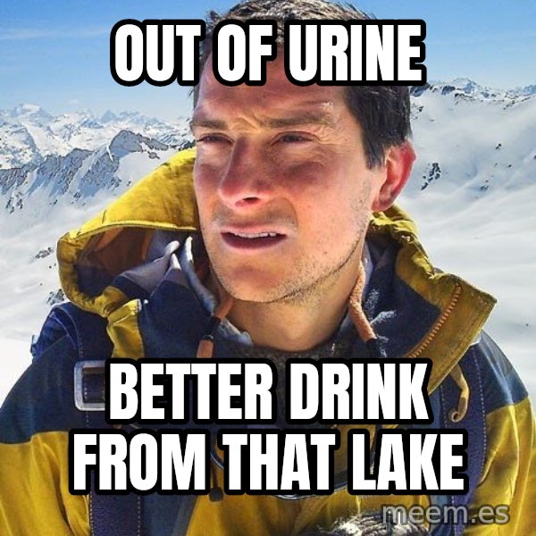 Bear Grylls meme: out of urine / better drink from that lake