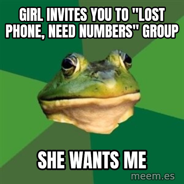 Foul Bachelor Frog meme: Girl invites you to "lost phone, need numbers" group / she wants me