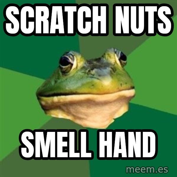 Foul Bachelor Frog meme: Scratch nuts / Smell hand