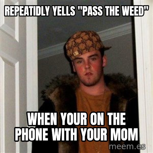 Scumbag Steve meme: Repeatidly yells  "pass the weed" / When your on the phone with your mom