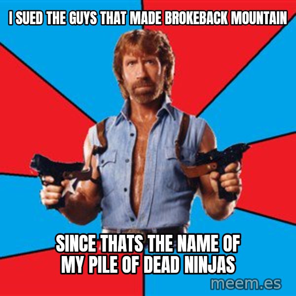 Chuck Norris  meme: i sued the guys that made brokeback mountain / since thats the name of my pile of dead ninjas