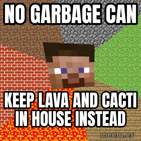 Minecraft Guy meme: no garbage can / keep lava and cacti in house instead