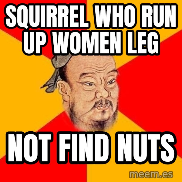 Wise Confucius meme: squirrel who run up women leg / not find nuts