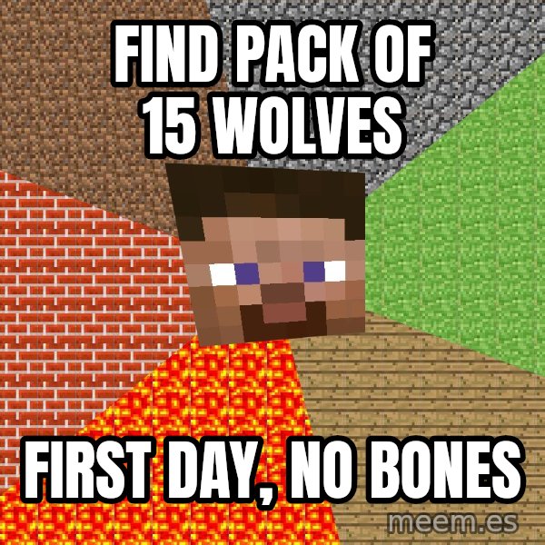 Minecraft Guy meme: Find pack of 15 wolves / first day, no bones