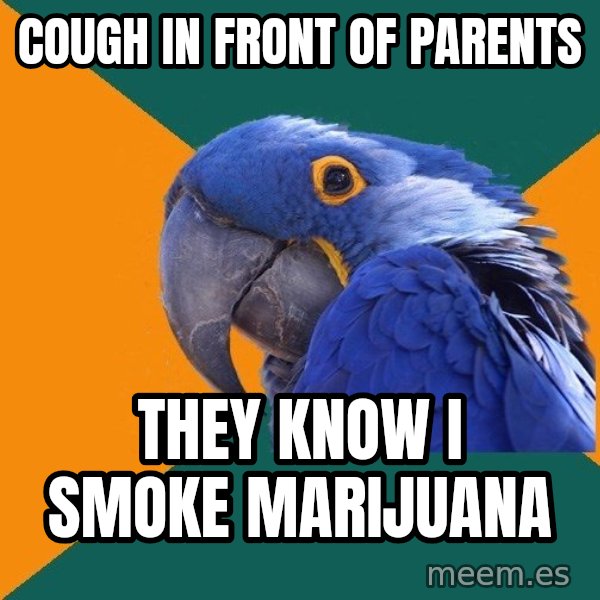Paranoid Parrot meme: cough in front of parents / they know i smoke marijuana