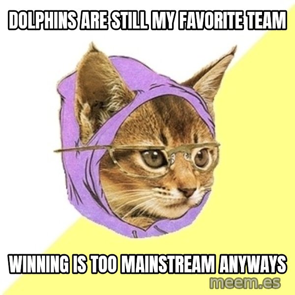 Hipster Kitty meme: Dolphins are still my favorite team / winning is too mainstreaM ANYWAYS