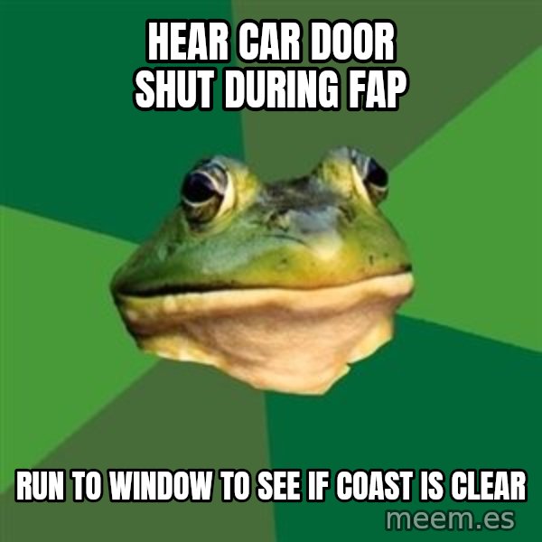 Foul Bachelor Frog meme: Hear car door shut during fap / run to window to see if coast is clear