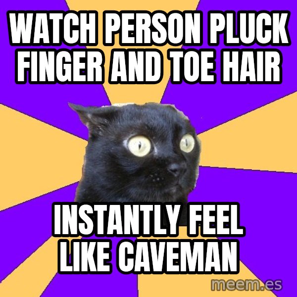 Anxiety Cat meme: watch person pluck finger and toe hair / instantly feel like caveman
