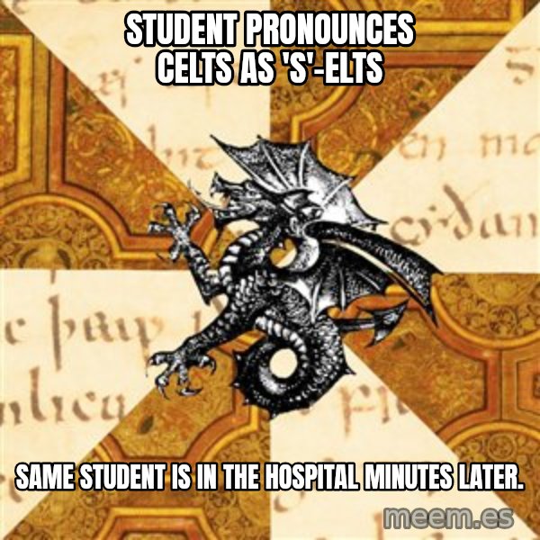 History Major Heraldic Beast meme: student pronounces celts as 's'-elts / same student is in the hospital minutes later.