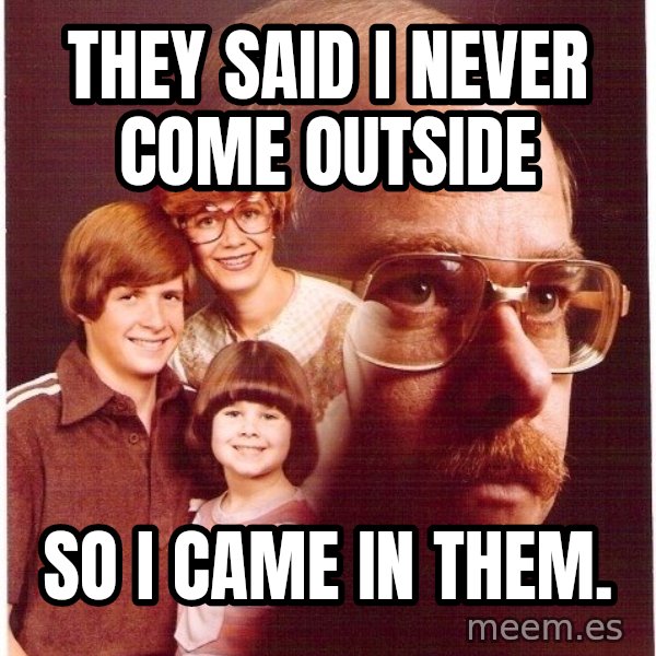 Vengeance Dad meme: They said I never come outside / so I came in them.