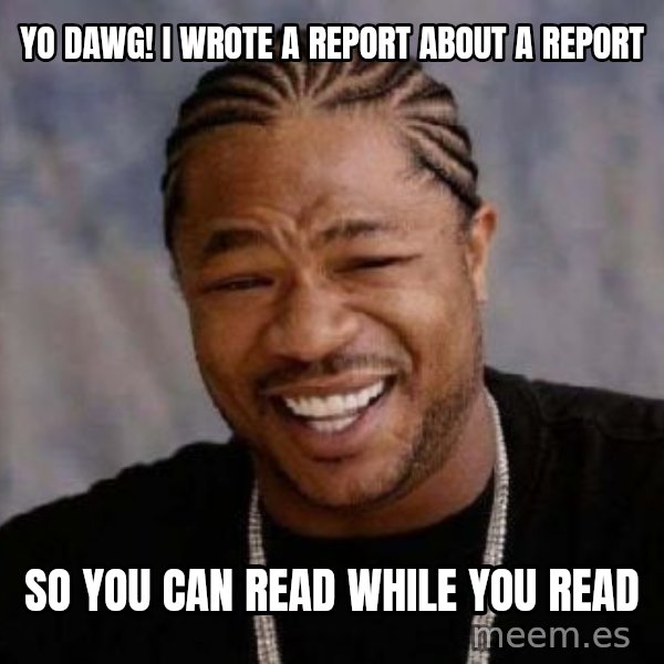 xzibit-yo-dawg meme: Yo dawg! I wrote a report about a report / So you can read while you read
