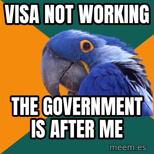 Paranoid Parrot meme: Visa not working / the government is after me