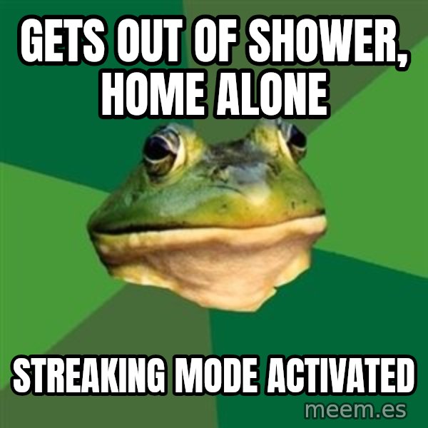 Foul Bachelor Frog meme: Gets out of shower, home alone / Streaking mode activated