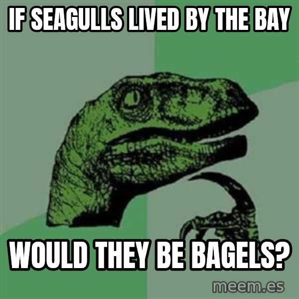 Philosoraptor meme: If seagulls lived by the bay / wOULD THEY BE bagels?