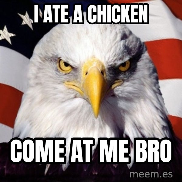 American Pride Eagle meme: I ATE A CHICKEN / COME AT ME BRO