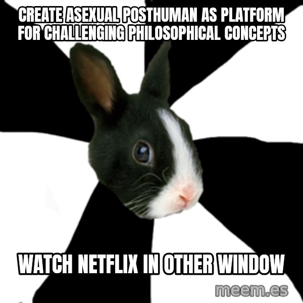 Roleplaying Rabbit meme: create asexual posthuman as platform for challenging philosophical concepts / watch netflix in other window