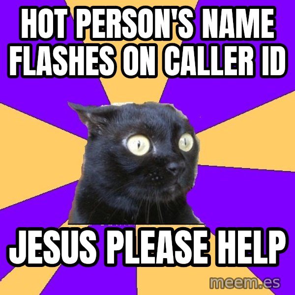 Anxiety Cat meme: HOT PERSON'S NAME FLASHES ON CALLER ID / JESUS PLEASE HELP
