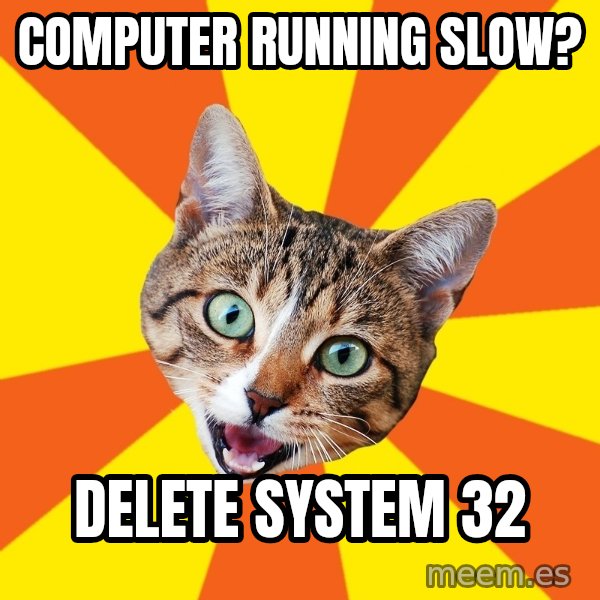 Bad Advice Cat meme: computer running slow? / Delete system 32