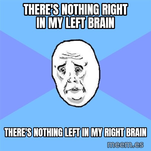 Okay Guy meme: THERE's Nothing right in my left brain / THERE's Nothing LEFT in my RIGHT brain