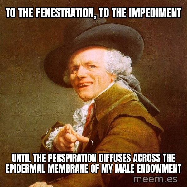 Joseph Ducreux meme: To the Fenestration, to the impediment / until the perspiration diffuses across the epidermal membrane of my male endowment