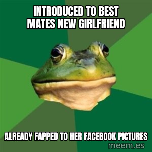 Foul Bachelor Frog meme: Introduced to best mates new girlfriend / already fapped to her facebook pictures