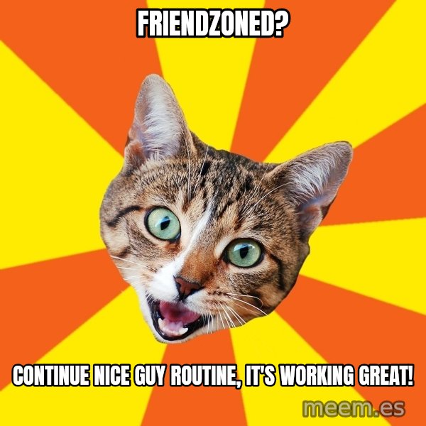 Bad Advice Cat meme: Friendzoned? / Continue nice guy routine, it's working great!