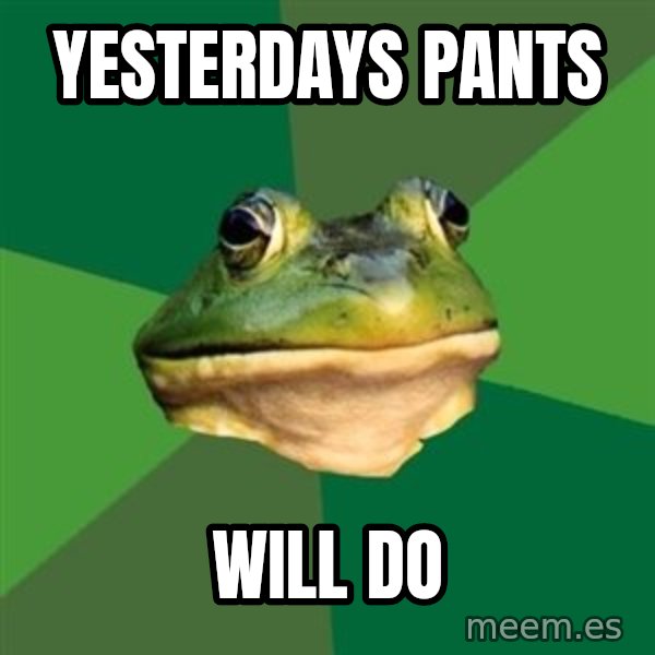 Foul Bachelor Frog meme: yesterdays pants / will do