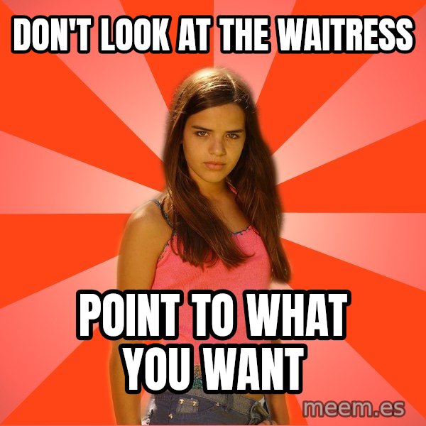 Jealous Girl meme: don't look at the waitress / point to what you want