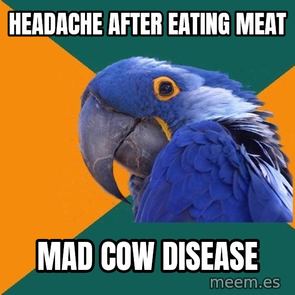 Paranoid Parrot meme: Headache after eating meat / mad cow disease