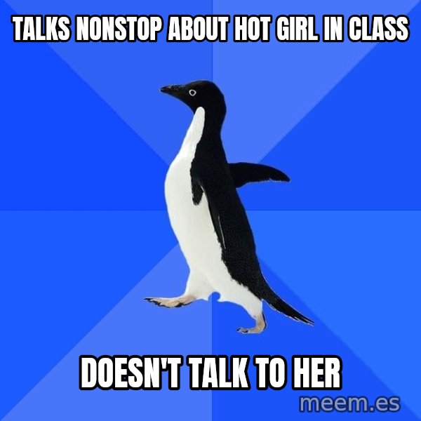 Socially Awkward Penguin meme: talks nonstop about hot girl in class / doesn't talk to her