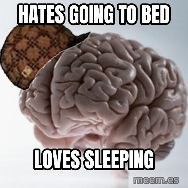 Scumbag Brain meme: hates going to bed / loves sleeping