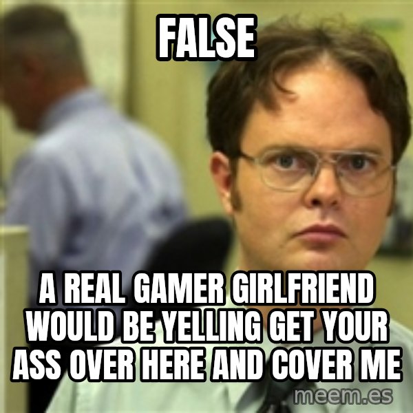 Dwight Meme meme: False / A real gamer girlfriend would be yelling get your ass over here and cover me