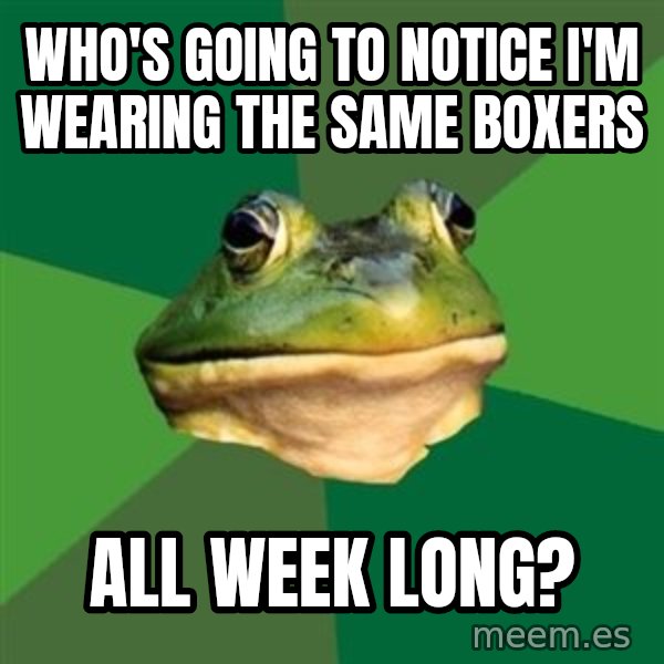 Foul Bachelor Frog meme: Who's going to notice I'm wearing the same boxers / All week long?