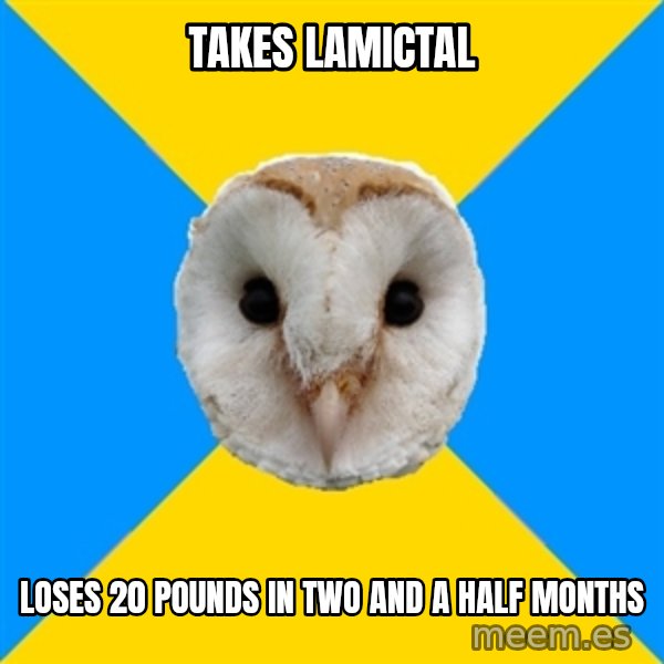 Bipolar Owl meme: takes lamictal / loses 20 pounds in two and a half months