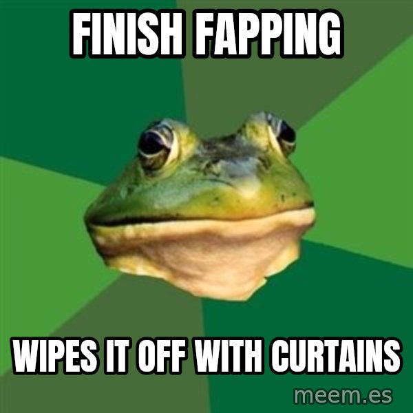 Foul Bachelor Frog meme: finish fapping / wipes it off with curtains